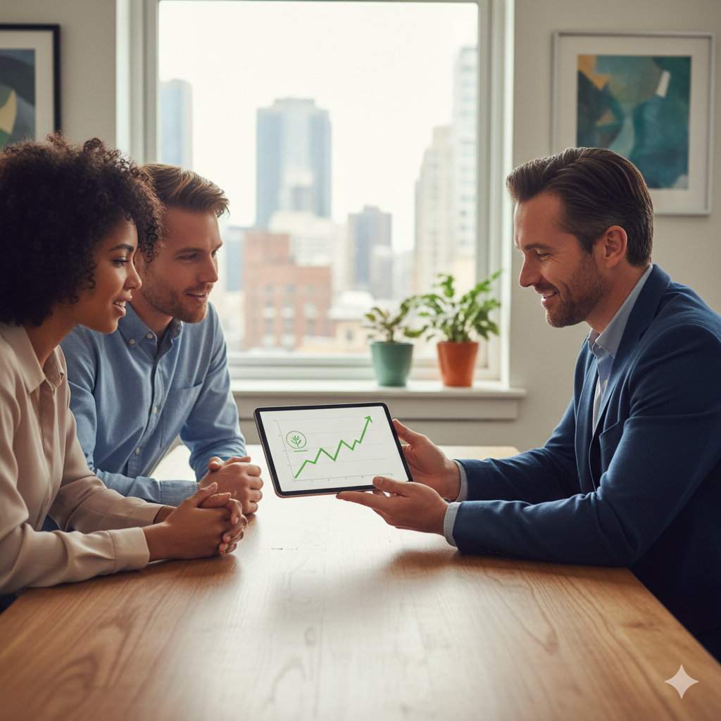Financial advisor meeting with a diverse couple, showing a growth graph on a tablet, symbolizing trust and advice.
